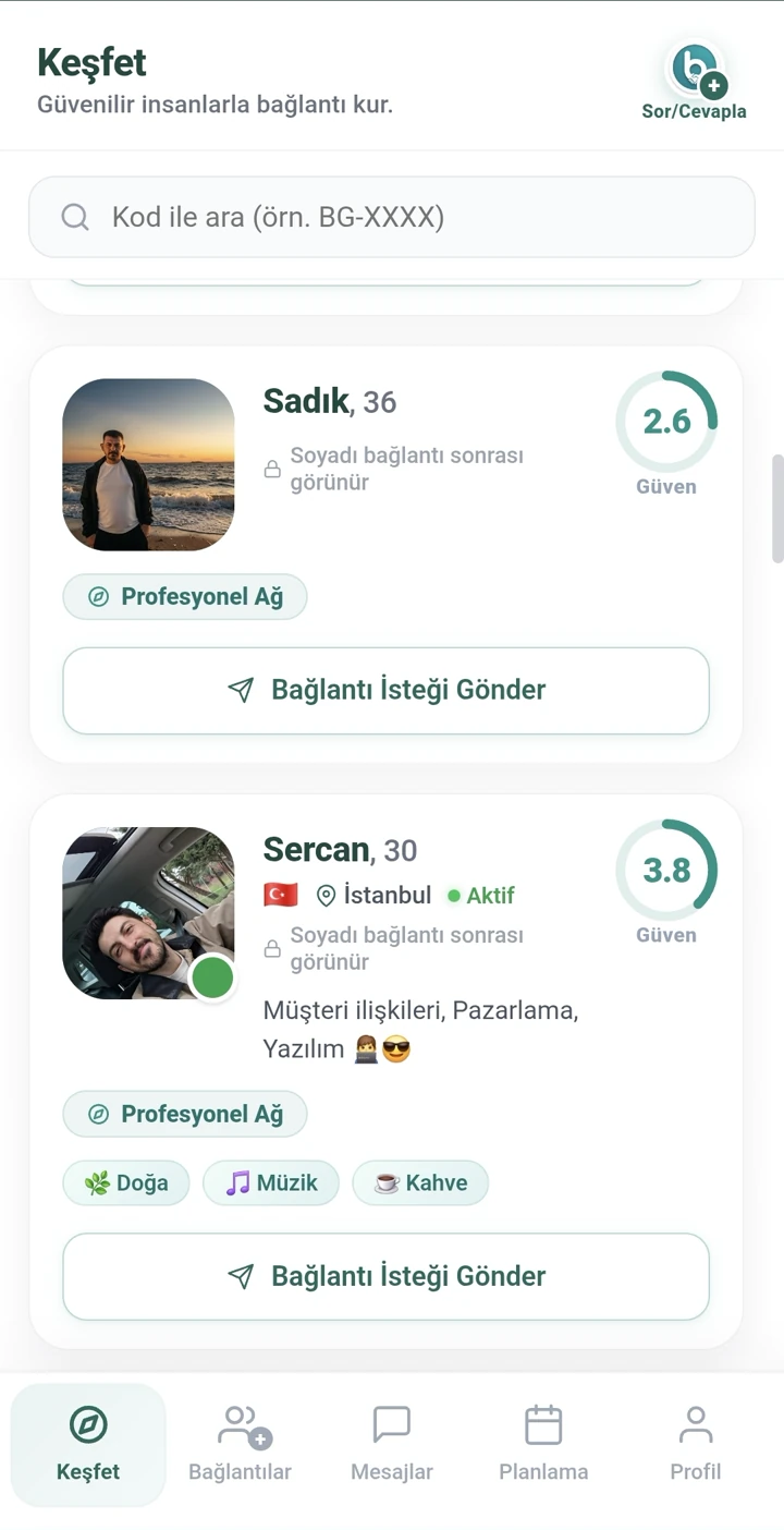 Bana Güven — Keşfet ekranı