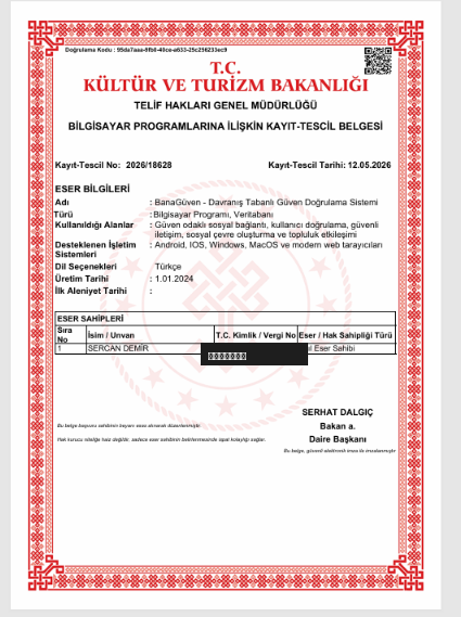BanaGüven telif tescil belgesi (T.C. Kültür ve Turizm Bakanlığı)
